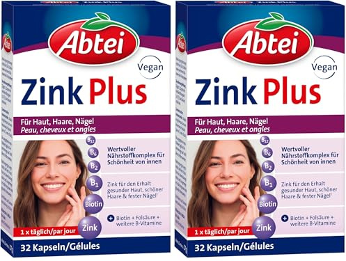 Abtei Zink Plus - spezielle Nährstoffkombination für gesunde Haut, kräftiges Haar und feste Nägel - mit Biotin und Folsäure - 1 x 32 Kapseln (Packung mit 2)