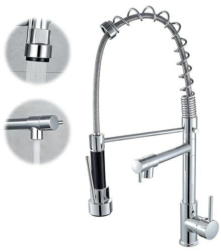 Kitchen Mixer Tap with Pull Out Spray, Spring Kitchen Sink Taps with Dual Function Spray Head, 360° Swivel Stainless Steel Kitchen Tap, Tool-Free Installation, Lead-Free Ceramic Valve (Chrome)