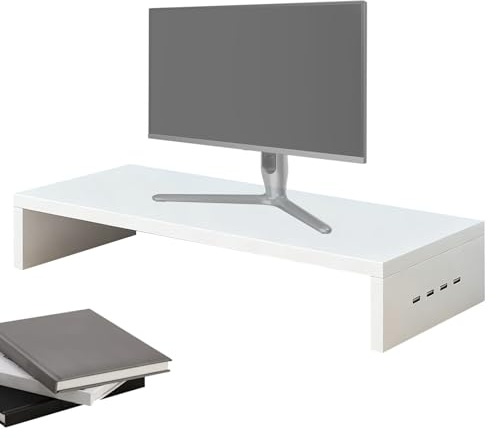 Monitor Stand – 19.69 Inches Wood Desk Riser | Elevated Table Shelf - Four USB Ports Sturdy Desktop Organizer For Home Office School Study Gamińg Wõrkspace Printer Screen Laptop Electronics Playroom
