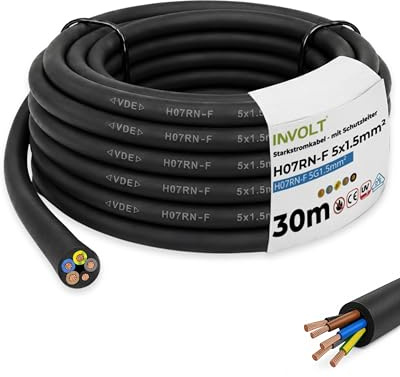 INVOLT 30m H07RN-F 5G1,5mm² CEE Verlängerungskabel, flexibel Gummikabel mit Schutzleiter, Außenbereich Baustellen, VDE zertifiziert