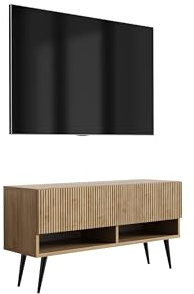 3E 3xE living.com TV-Schrank mit geriffelter Front, Eiche Craft, Schwarze, schräge Beine, 100 × 32 × 52 cm