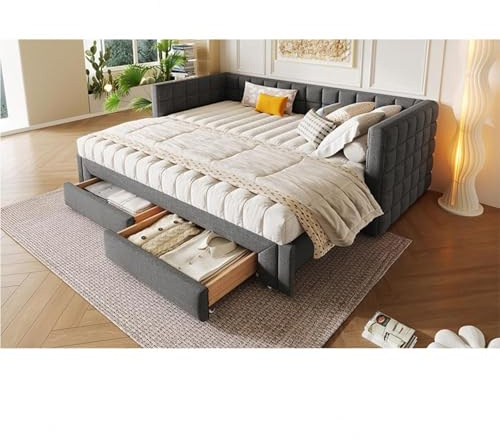 Tagesbett Mit Ausziehbett 90x200CM Mit SchräNke Ausziehbares Bett Schnelle Montage Für Schlafzimmer Ohne Matratze,Grau