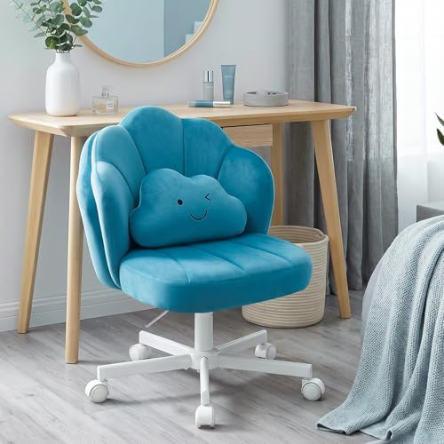 COMHOMA Schminkstuhl mit Rollen in Blütenform, Schreibtischstuhl mit Doppelter Rückenlehne und Wolkenkissen, Höhenverstellbarer Drehstuhl, Niedlicher Bürostuhl für Schlafzimmer,Homeoffice, Samt, Blau