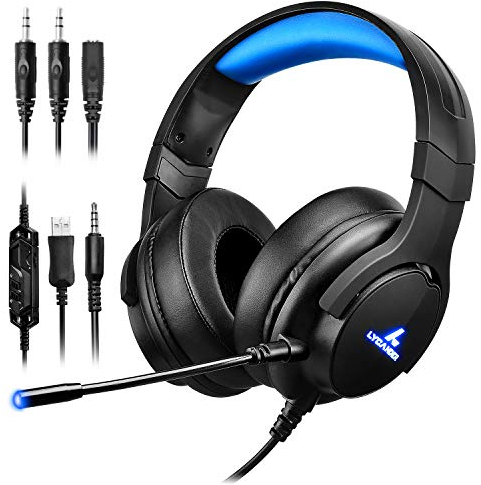 LYCANDER Gaming Headset with Microphone LED Light, 3.5mm input - for PC, PS4, Xbox One, Nintendo Switch and more (Intermediate - Black/Blue)