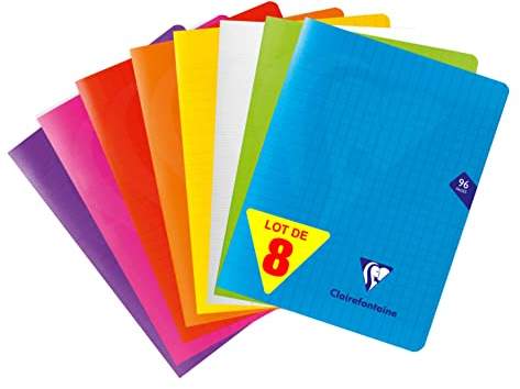 Clairefontaine 313741AMZC Lot de 8 Cahiers Agrafés Mimesys - 17x22 cm - 96 Pages Grands Carreaux - Papier Blanc 90 g - Couverture Polypro (Bleu, Rouge, Vert, Jaune, Violet, Orange, Rose, Incolore)