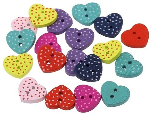 SiAura Material - 15 Stück Holzknöpfe Herz 15mm x 13mm, zufällig gemischt, 2 Löcher mit Fleck Motiv I Zum Nähen, Basteln und Dekorieren