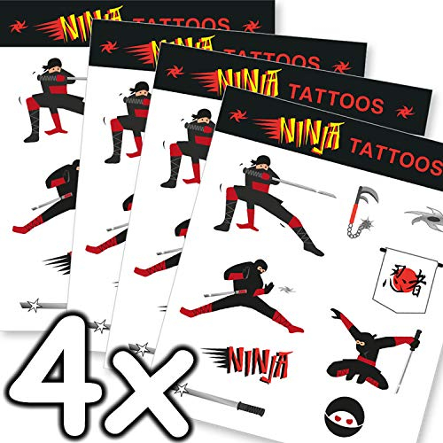 Mega-Tattoo-Set * Ninja * als Mitgebsel, Geschenk oder zum Spielen | 4 Bögen mit 36 Tattoos | Karate Judo Aufkleber Bilder Sticker Kinder Kindergeburtstag Geburtstag