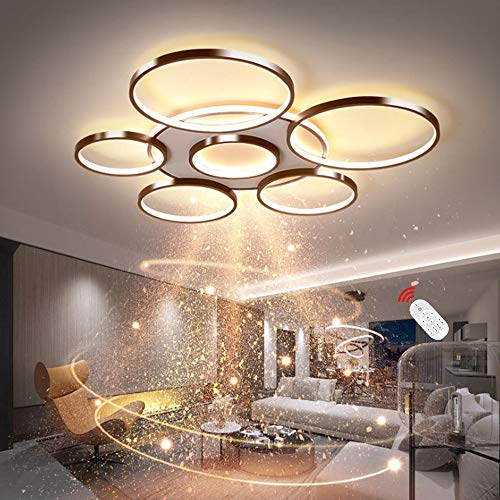 HYQJUNE LED Wohnzimmer Deckenleuchte Moderne Einfachheit Runde 7-Ring-Deckenlamp Dimmbare Acryl Dekoration Deckenlicht Modische Esszimmerlampe Schlafzimmer Büro Halle Kronleuchter (Braun)