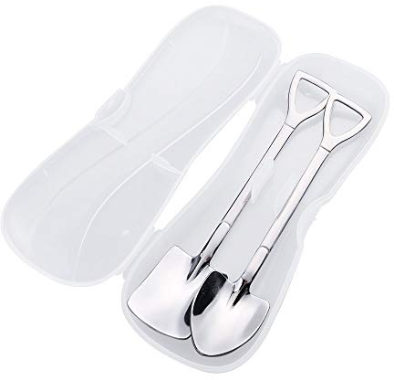 KOMITASUI Shovel Spoon Set, 2pc Cute Mini Spade Dessert Spoons SUS304 Stainless Steel, Novelty Ice Cream Yogurt Cake Coffee Cocktail Spoons, Funny Gift Set in Gift Box