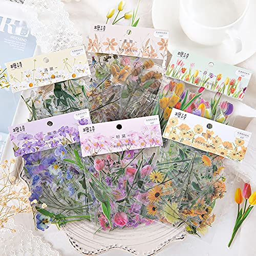 Blumen Scrapbooking 240 Stück 6 Stile Aufkleber Blumen Transparent, Unterschiedliche Muster,Exquisit Pflanzen Aufkleber FüR Scrapbook Tagebuch, Fotoalbum,Notizbuch, Gästebuch, DIY Dekoration