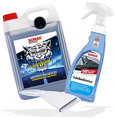 detailmate SONAX Winterset: WinterBeast AntiFrost + KlarSicht 5L Scheibenreiniger 5L Kanister mit Ausgießer + Scheibenenteiser Sprühflasche 750ml mit Citrusduft + Eiskratzer transparent