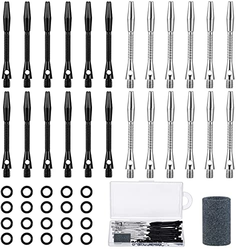 24 Pieces Aluminum Dart Shafts Shafts for Darts Steel Tip Soft Tip Dart Accessories 1.97 Inches Hard Metal Dart Stems with Rubber O Rings Darts Sharpener for Sports Outdoor Dart Flight (Black, Silver)