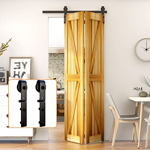 LTIYITL 183CM/6FT Bi-Folding Sliding Barn Door Hardware,Heavy Duty Roller Track Kit，Silent and Easy to Install for 2 Doors Hardware Kit,No Door Panel,Applicable to Door Openings 150-160CM Black