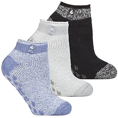 HEAT HOLDERS 3 Pair Multipack Ladies Ankle Slipper Socks Womens Fleece Low Cut Fluffy Socks with Grippers