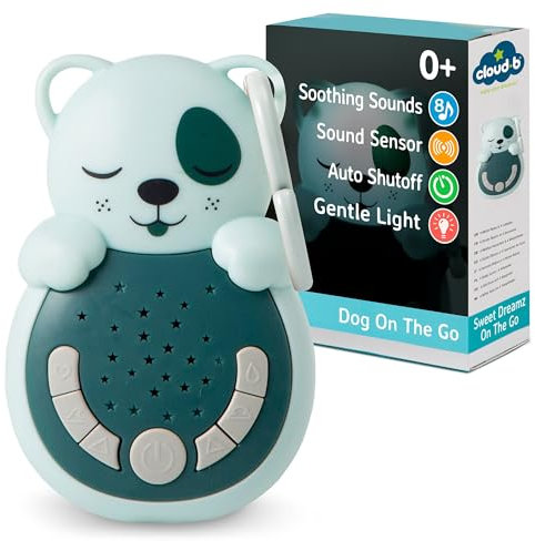 Cloud B Veilleuse nomade Sweet Dreamz On The Go – Chien | 4 bruits blancs et 4 berceuses | Dès la naissance | Cry Sensor | Minuteur