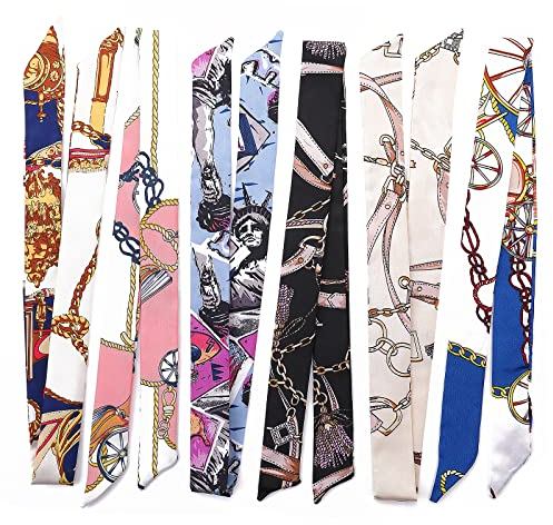 Yolev 6 Stück Seidentuch Damen Haartuch Mode Bunte Seidentücher Schmale Handtasche Rucksack Seidenschals Frauen Mädchen Bandana Kopfbedeckung