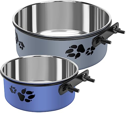 2 Pack Kennel Water Bowl, Stainless Steel Dog Crate No Spill, Hanging Bowls Attached to Cage, Metal Pet Food Feeder Dish for Medium Large Dogs, Blue Gray