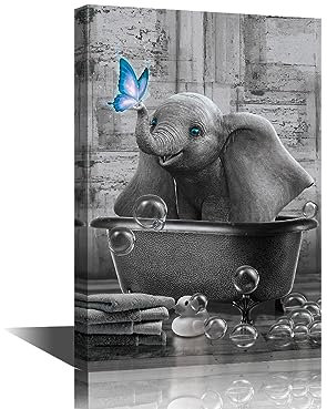 Funny Elephant Decor Bathroom Decor Canvas Framed Black and White Elephant Poster Decor Wall Art Blue Butterfly Bathtub Decor Horse Home Wall Decor Ready to Hang - 18 Wx12 H