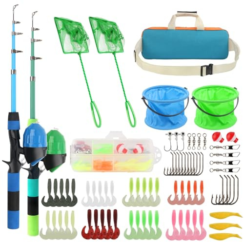 Kids Fishing Rod Reel Combo 4.92FT 2PCS Telescopic Kids Fishing Pole Spincast Reel with Accessories Ultralight Fishing Tackle Starter Kit Kids Fishing Pole for Boys Girls Toddlers (Green&Blue)