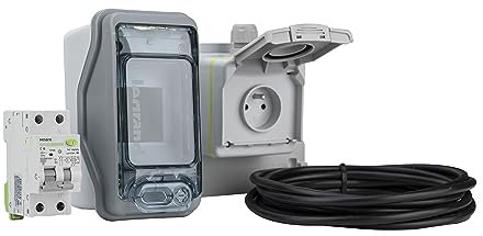 Prise française pour voitures électriques avec prise de charge IP54 et interrupteur FI/LS 20 A pour voitures EV Kit complet avec câble de 5 m 3 x 2,5 mm (sans compteur numérique de courant alternatif)