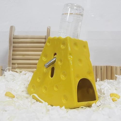 Kelivi Hamster Wasserflasche für Glastank - Einstellbar Mit Breitem Unterstand Anti-Fall, Keramik Käse Form Halter für Zwerg Hamster, Mäuse, Ratte