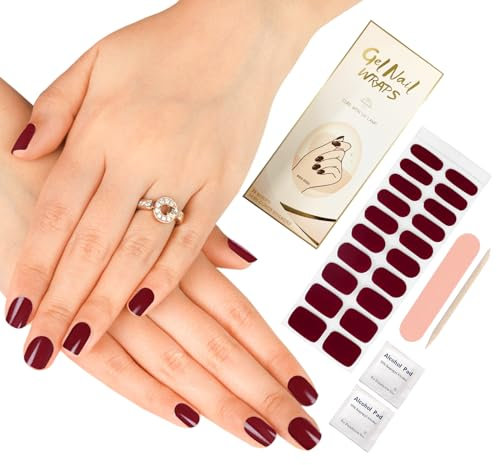Gel Nail Stickers, ZAHRVIA 20PCS Semi Cured Gel Nail Polish Stickers Wraps Adhesive Gel Nail Stickers with Nail File Stick, Prep Pads & Sealing Strip- Wine Red