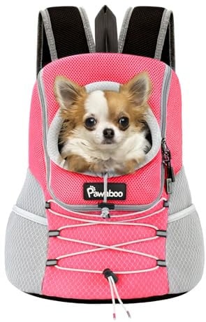 Pawaboo Zaino Trasporto Cani Gatti, Zaino Traspirante Regolabile per Cane e Cuccioli, Guinzaglio di Sicurezza, Trasportino da Viaggio Cani Gatti, Marsupio per Cani di Piccola Taglia e Gatti, M, Rosa