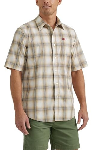 Wrangler Authentics Men's Short Sleeve Classic Plaid Shirt, Pale Khaki Plaid, Large