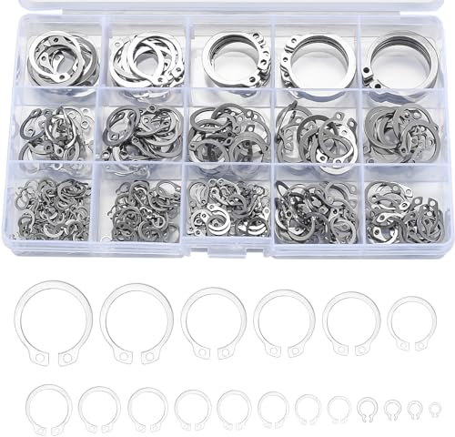 408 Piezas Anillos de Retención Externos, Anillo de Presión Circlips C-Clips Anillos de Seguridad, E-Clips Externo y Interno de Acero Inox para Fijar Rodamientos Engranajes Poleas (18 Tamaños)