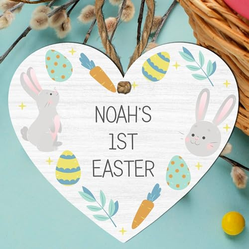1st Easter Personalised Wooden Heart Plaque - Custom Child's Name Gift, Spring Decoration, Easter Keepsake with Eggs & Bunnies, Decorative Tree Bauble, Unique Seasonal Decor for Memorable Celebration