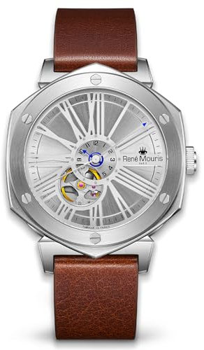 René Mouris Mythique le Monde 43MM Japanisches Automatikuhren für Herren – Semi-Skelett-Zifferblatt, Saphirglas, 100M Wasserdicht – Armbanduhr aus 316L Edelstahl mit Lederarmband