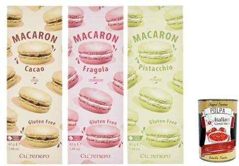 Italian Gourmet Macaron Testpaket dolci senza glutine cacao kosher 3 x 42g | Piccoli dessert francesi mit feiner Füllung, ideale per degustazione e, Gesamtnettogewicht 126 g + Kostenlos Polpa 400g