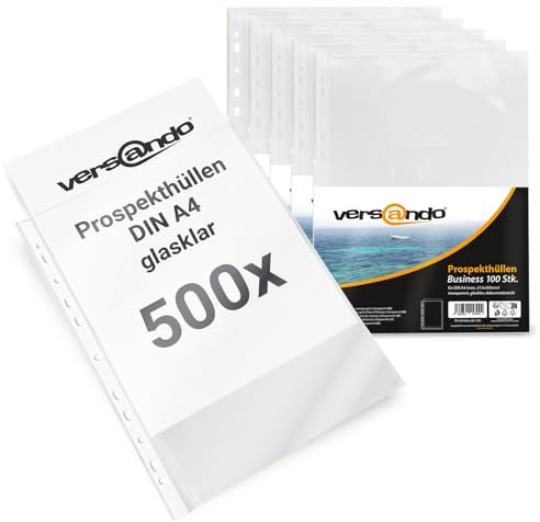 versando 500x A4 Prospekthüllen Business mit Heftrand Klarsichthüllen glasklar transparent 60my (5x 100 Stück)