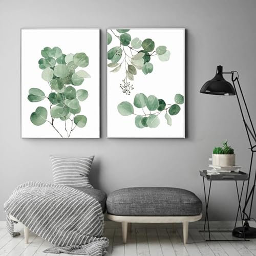 RDRDtbtr Aquarell-Eukalyptus-Laub-Poster Kunstdrucke Wand Bilder im grünen Stil minimalistischer Posterdruck Wandbild für Wohnzimmer Heimdekoration 40 x 60 cm x 2 ungerahmt