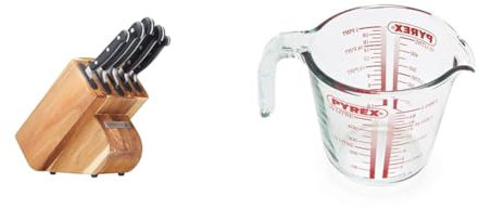 Sabatier Edgekeeper Knife and Acacia Wood Block Set, Self-Sharpening Knives, Set Includes Chef & Pyrex Measuring Jug 500ml | Capacity 568ml / 20 Ounce | P586, Multicolor