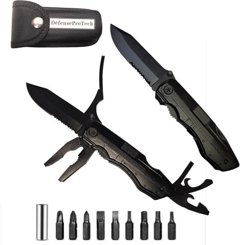 Couteau de poche, pliant, suisse, 15 en 1, outil de survie, au camping, en randonnée, à la chasse, pince multifonctions, idée cadeau anniversaire homme, fête des pères, DéfenseProTech, mieux qu'un opi