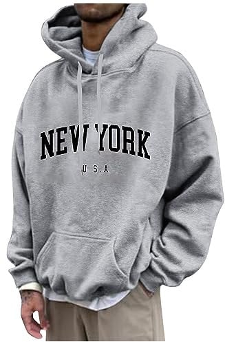 Herren Damen Hoodie Pullover Mit Kapuze Casual Brief Print Sweatshirt Männer Oversize Langarm Kapuzenpullover Locker Kapuzenpulli College Hoodie Mit Taschen & Kordel Langarmshirt (Light Gray，5XL)