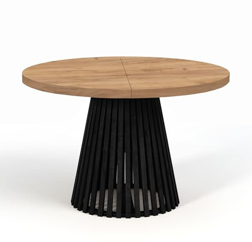 Dekori Möbel Runder Ausziehbarer Tisch für Esszimmer, Dover - Industrial/Loft Still mit Lamellenbeine, Durchmesser Varianten : von 90 bis 220 cm (Eiche Craft Golden/Schwarz, 120/220)