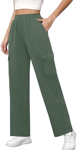 Missufe Pantalones de deporte para mujer, pantalones de deporte, pantalones de yoga, pantalones de ocio, pantalones cargo largos, pierna ancha, pantalones de chándal con bolsillo, Verde grisáceo., L
