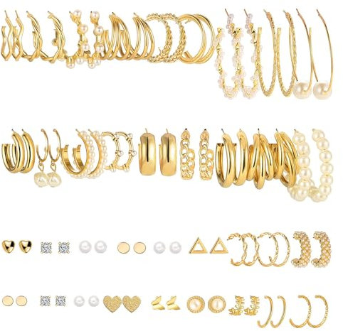 36 Paar Damen Ohrringe, Gold Mode Ohrringe, Perle Ohrringe, Golden Piercing Kleine Ohrstecker, Ohrringe Set for Freundin Ehefrau Gute Freunde Geburtstags Weihnachts Valentinstags Geschenk