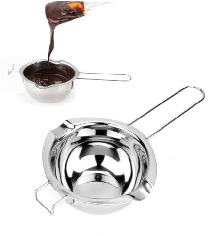 Amosfun Chocolate Melting Pot 304 Stainless Steel Double Boiler Insert Pan 400ml 2 Pour Spouts Flat Bottom Front Hook Suitable for Melting Butter Cheese Caramel Silver