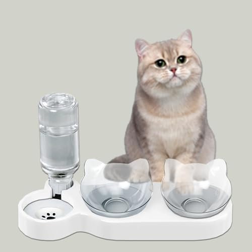 Ensemble de gamelle 3 en 1 pour chat - Inclinable à 15° - Gamelle d'eau flottante pour chat avec alimentation en eau par gravité, facile à nettoyer, nourriture et eau pour chats et chiots (blanc)