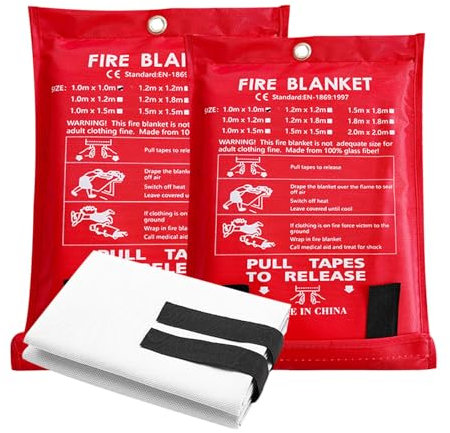 Houkary 2 Piezas Mantas Ignífugas para Emergencias en Cocinas y Hogares, Mantas de Fuego de Fibra de Vidrio, para Estufas Garajes Oficinas Campamentos Autocaravanas, 1m x 1m