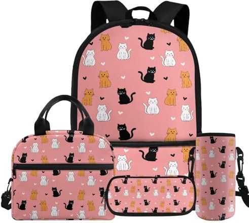 TSOVTHRID Mochila para niñas escolares, 4 unidades, ligera, para adolescentes, niñas, niños, bolsa escolar con lonchera para adolescentes de 10 a 12 años, Gato de dibujos animados.