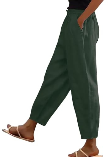 ladies summer trousers, Cotton Linen Trousers Womens UK Solid Color Elasticated Waist Trouser Ladies Summer Lounge Pants Plain Loose Fit Capri Pant Casual Straight Leg Bottoms with Pockets AG XL