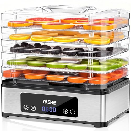 YASHE Dörrautomat, 5-Etagen Edelstahl Dörrautomaten, 48H Timer & Temperaturregelung, 360° Luftzirkulation, BPA-Frei, 400W Für Jerky, Obst, Kräuter, Hundeleckerlis