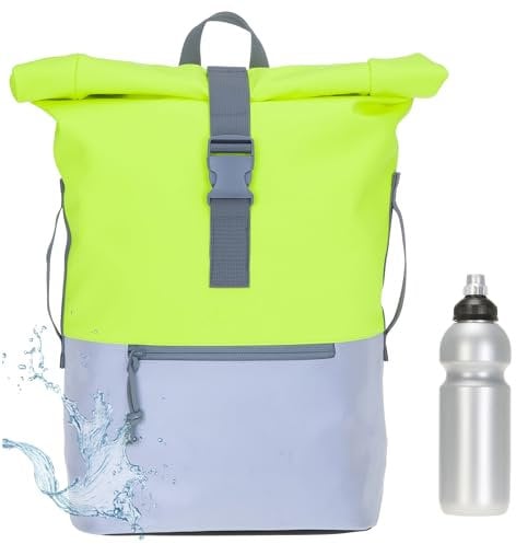 Rucksack Herren Plane Time Bag Kurierrucksack Roll-Top Fahrradrucksack Sport Fitness Damen 23 Liter A4 12821 + Flasche (Neon Gelb Reflektor 12832)