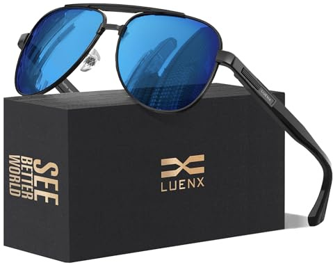LUENX Sunglasses for Men Women Polarized Shades Driving UV 400 Protection Fashion 60mm -Mirror Blue Lens Black Metal Frame