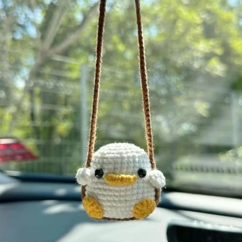 JoyousMall Gehäkeltes Autozubehör, Auto-Cartoon-Tier-Rückspiegel, Häkel-Schaukel-Anhänger, Ornament-Zubehör mit Ente, Pinguine, Hase, Dinosaurier, Küken (weiße Ente)