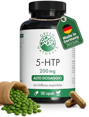 Green Naturals 5-HTP 200 mg – Griffonia simplicifolia – 180 capsule | Origine vegetale · Vegan · Senza additivi · Scorta 6 mesi · Prodotto in Germania
